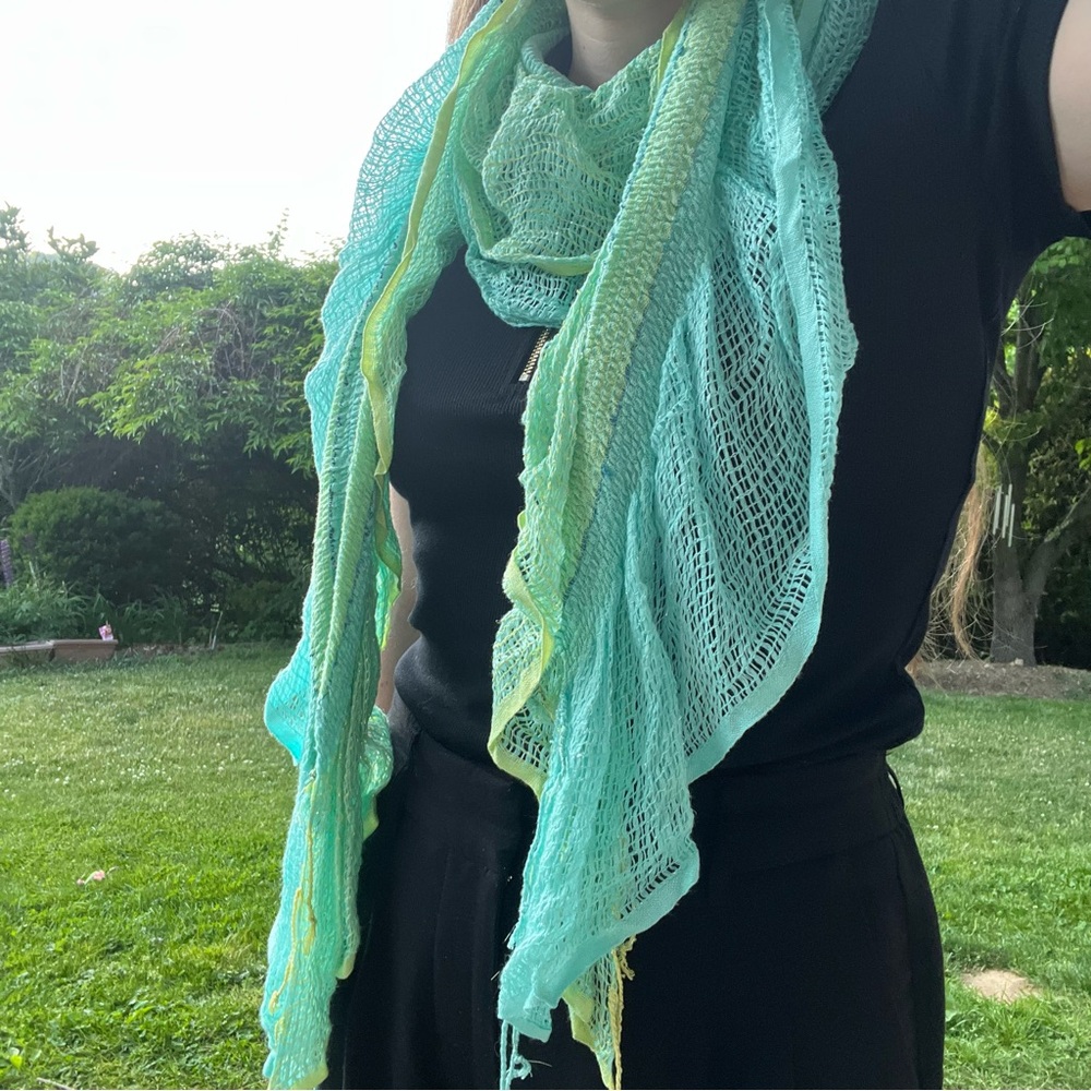 Lightweight Aqua & Lime Mesh Scarf - Y2K Ruffled